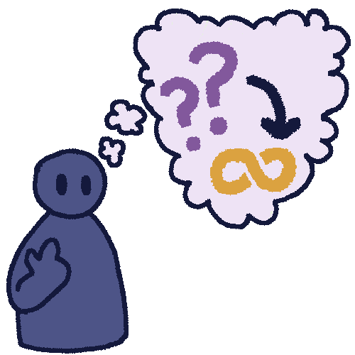 A drawing of a dark blue person pointing at themself. From their head is a pale purple thought bubble and in it is a purple question mark with an arrow pointing to an autism infinity symbol. 